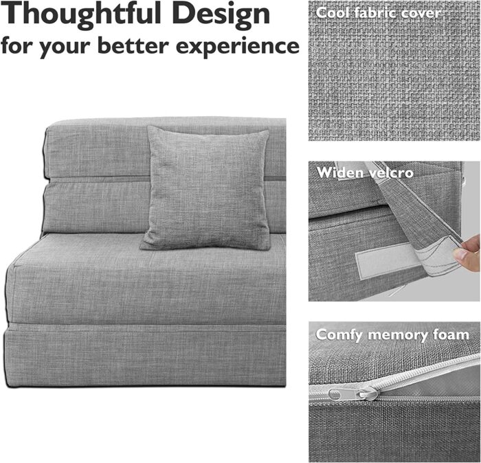ANONER Folding Sleeper Chair Sofa Bed Lazy Couch with Pillow, Twin Size, Light Gray - Image 4