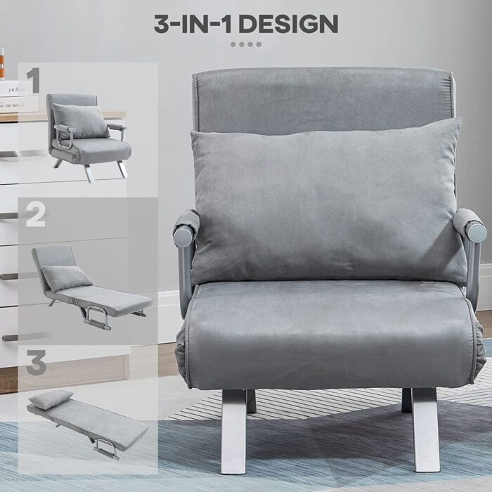 HOMCOM Modern 2-In-1 Design Single Sofa Bed Sleeper Foldable Portable Armchair Bed Chair Lounge Couch with Pillow for Living Room, Bedroom, Light Grey - Image 5
