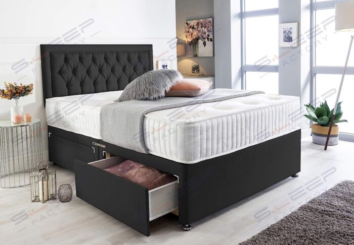 Sleep Factory's Black Suede Chesterfield Divan Bed Set & Memory Foam Mattress 3FT Single 4FT6 Double 5FT King- (6.0FT (Super King), 2 Drawers Same side ide) - Image 2