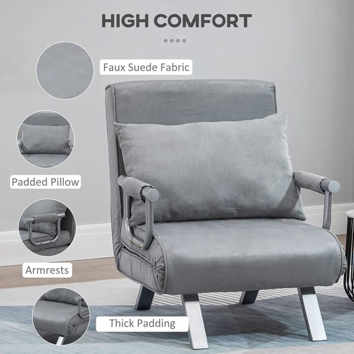 HOMCOM Modern 2-In-1 Design Single Sofa Bed Sleeper Foldable Portable Armchair Bed Chair Lounge Couch with Pillow for Living Room, Bedroom, Light Grey - Image 6