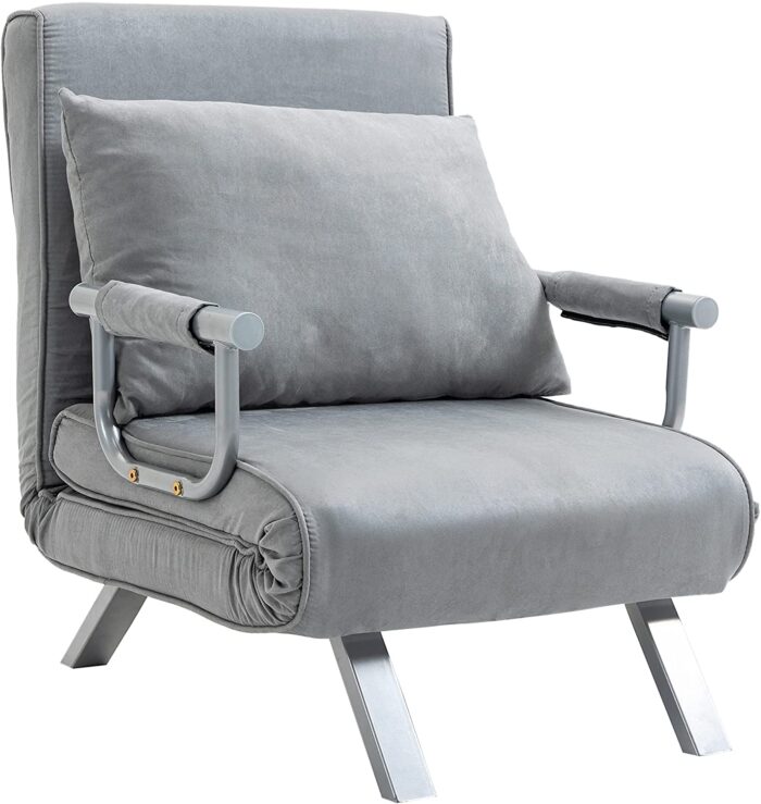 HOMCOM Modern 2-In-1 Design Single Sofa Bed Sleeper Foldable Portable Armchair Bed Chair Lounge Couch with Pillow for Living Room, Bedroom, Light Grey
