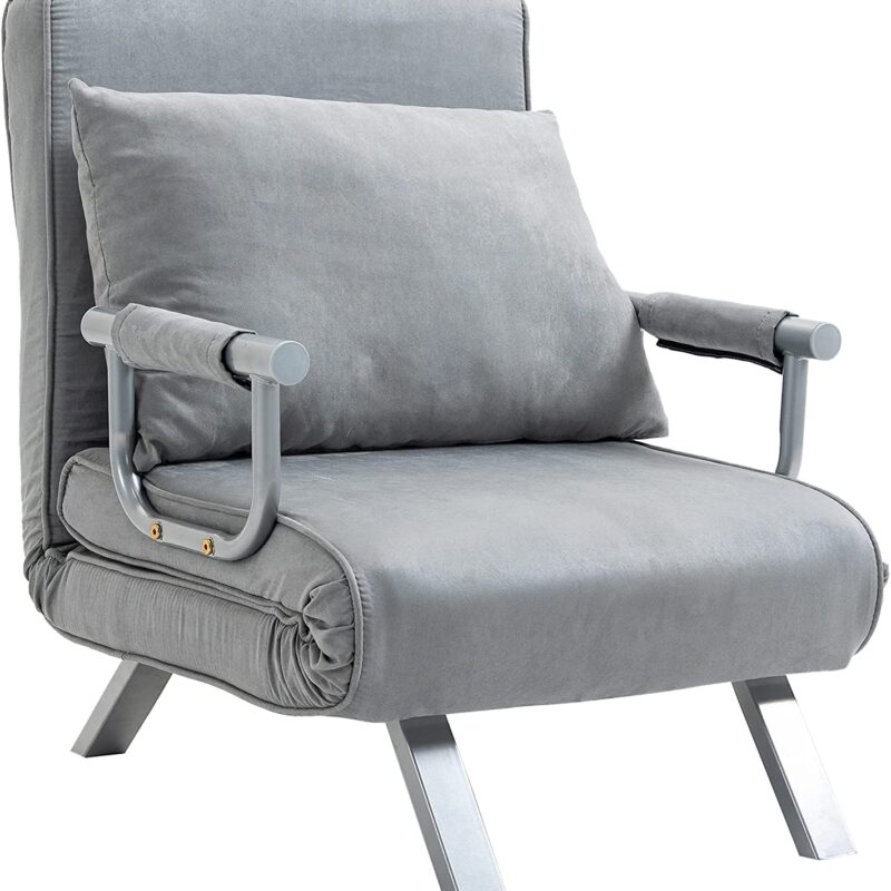 HOMCOM Modern 2-In-1 Design Single Sofa Bed Sleeper Foldable Portable Armchair Bed Chair Lounge Couch with Pillow for Living Room, Bedroom, Light Grey