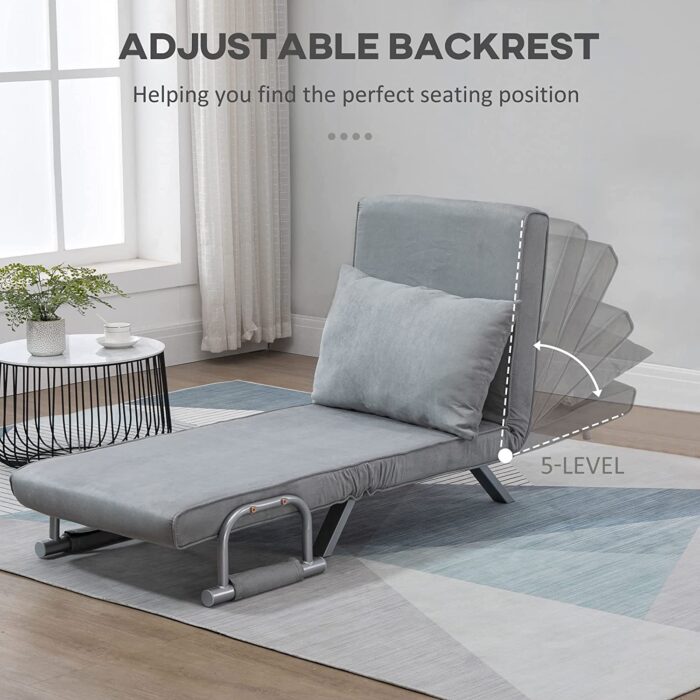 HOMCOM Modern 2-In-1 Design Single Sofa Bed Sleeper Foldable Portable Armchair Bed Chair Lounge Couch with Pillow for Living Room, Bedroom, Light Grey - Image 4