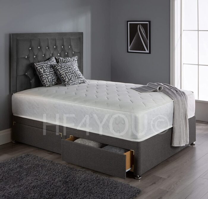 Home Furnishings UK Victoria Divan Bed Set with 10" Ortho Mattress, 24" Matching Headboard and 2 Drawers Same Side (3ft Single, Grey)