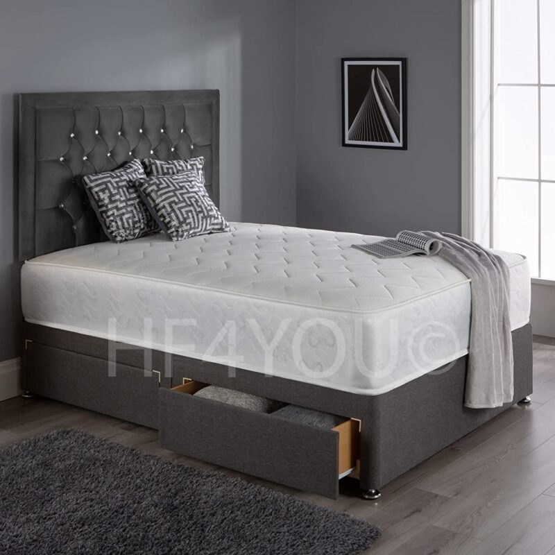 Home Furnishings UK Victoria Divan Bed Set with 10" Ortho Mattress, 24" Matching Headboard and 2 Drawers Same Side (3ft Single, Grey)