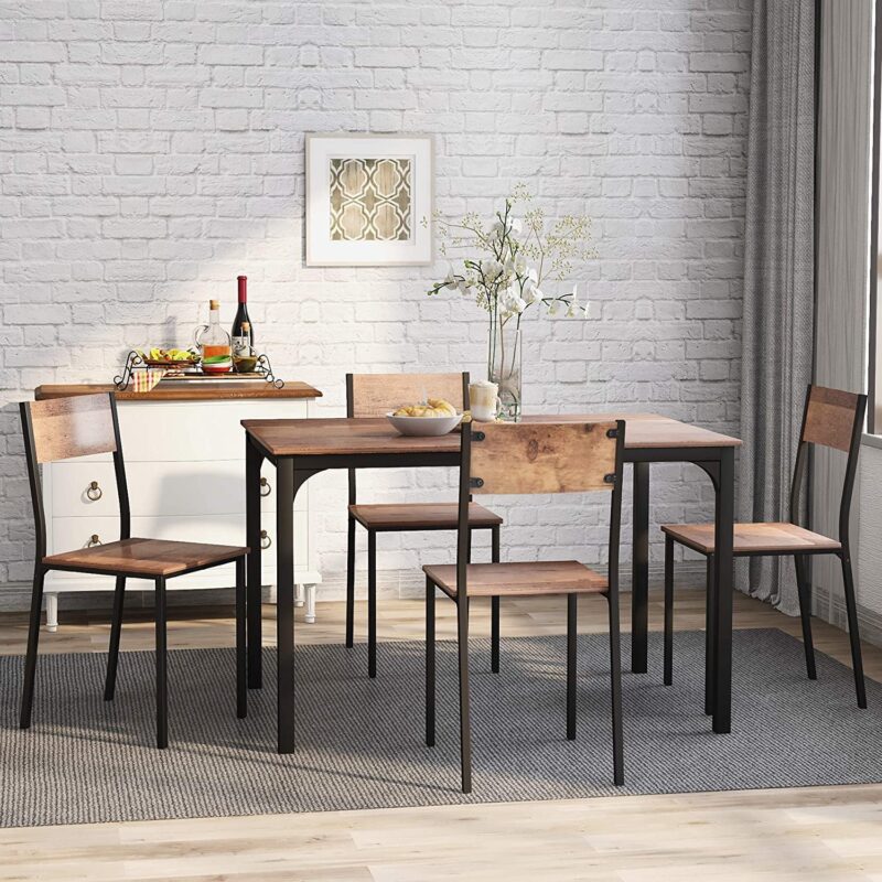 Dining Table and Chairs Set Kitchen Table Furniture Dining Set Solid Table & Metal Legs (Rustic Brown Table and 4*Rustic Brown Chairs)