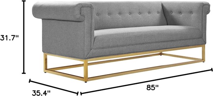 Iconic Home Palmira Sofa Button Tufted Linen-Textured Plush Cushion Brass Finished Brushed Metal Base Frame, Modern Transitional, Grey - Image 3