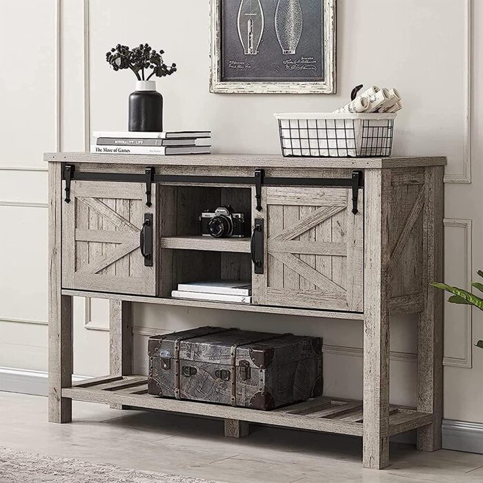 OKD Console Entryway Table Entry Hallway Entrance Foyer Sofa Tables Buffet Sideboard Farmhouse with Sliding Barn Doors, for Living Dining Room Kitchen, Light Rustic Oak - Image 2