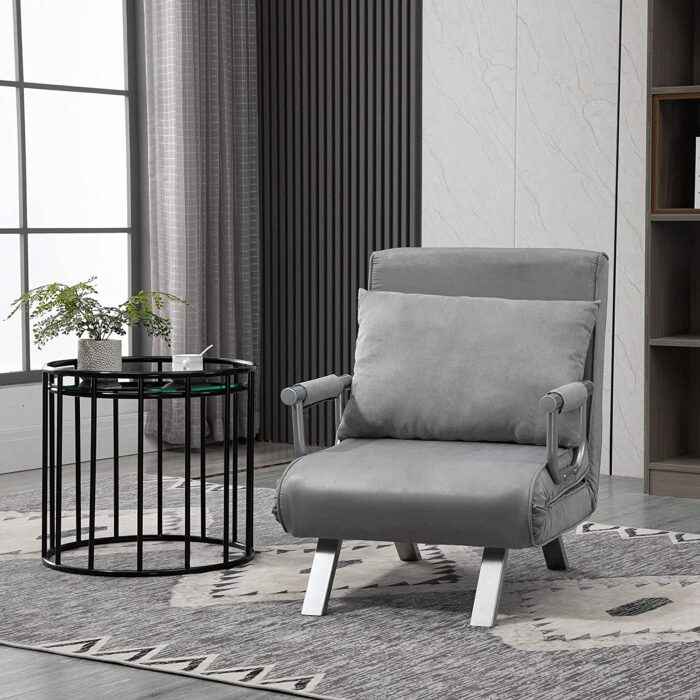 HOMCOM Modern 2-In-1 Design Single Sofa Bed Sleeper Foldable Portable Armchair Bed Chair Lounge Couch with Pillow for Living Room, Bedroom, Light Grey - Image 2
