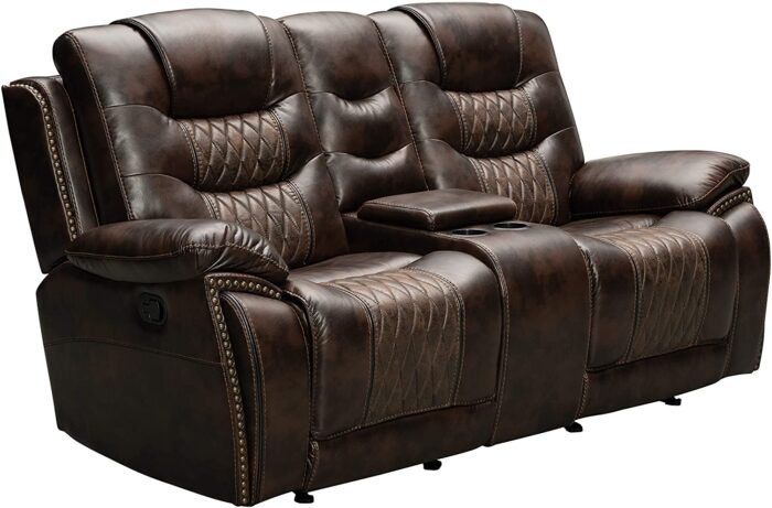 Roundhill Furniture Kovel Faux Leather Reclining Loveseat with USB Port and Storage Console, Brown - Image 2