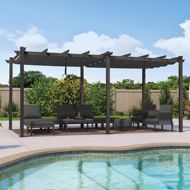 PURPLE LEAF 12' X 20' Outdoor Pergola with Retractable Canopy Aluminum Shelter for Porch Garden Sun Shade Beach Pavilion Grape Trellis Grill Gazebo Modern Backyard Deck Metal Patio Pergola Gray