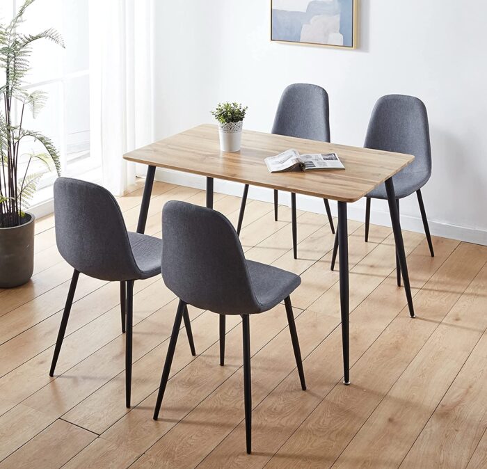 Hallowood Furniture Cullompton Small Dining Table & 4 Fabric Chairs Set with Black Metal Legs – 120 x 70 cm Brown Oak Effect Kitchen Table – Ideal for Home, Restaurants, Pub, Office & Café
