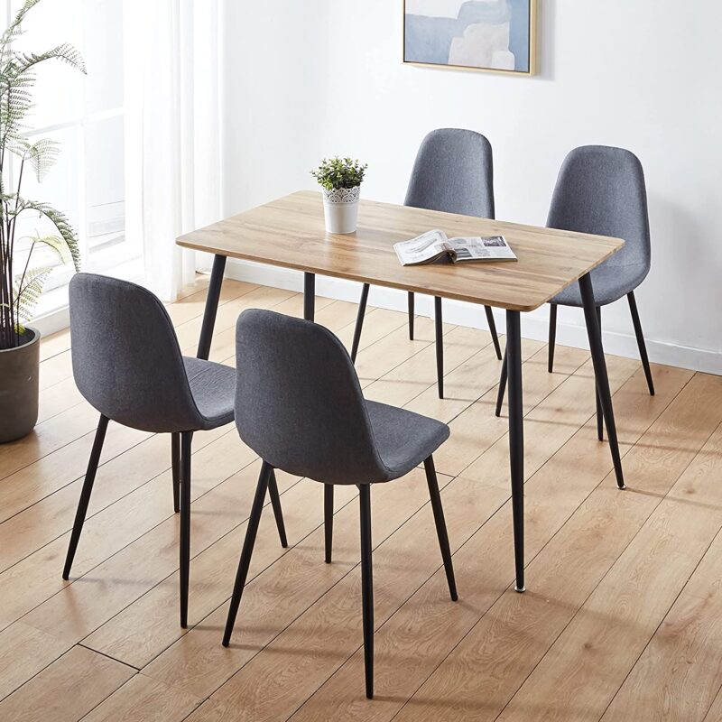 Hallowood Furniture Cullompton Small Dining Table & 4 Fabric Chairs Set with Black Metal Legs – 120 x 70 cm Brown Oak Effect Kitchen Table – Ideal for Home, Restaurants, Pub, Office & Café