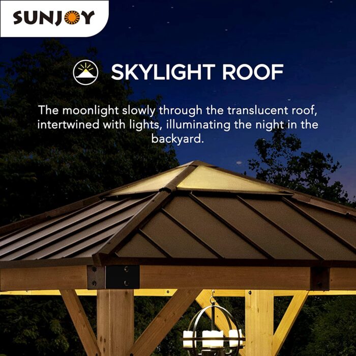 Sunjoy Pasadena Outdoor Patio 9 ft. x 9 ft. Cedar Framed Wood Gazebo with Brown Steel & Polycarbonate Hip Roof Hardtop - Image 4