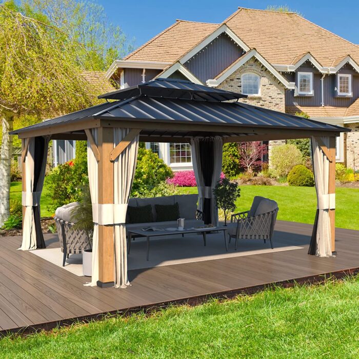 RICHRYCE 13' x 15' Solid Wood Gazebo, Hardtop Gazebo Plastic Sprayed Metal Roof Outdoor Gazebo Canopy Double Vented Roof Pergolas Wood Frame with Netting and Curtains for Garden, Patio, Lawns