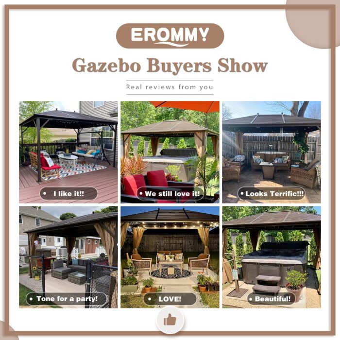 EROMMY 10' x 13' Gazebo, Galvanized Steel Hardtop Outdoor Aluminum Canopy with Netting and Shaded Curtains, Single Roof Permanent Metal Pavilion for Patio Backyard Deck - Image 8