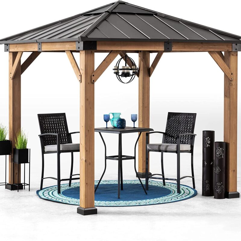 Sunjoy Pasadena Outdoor Patio 9 ft. x 9 ft. Cedar Framed Wood Gazebo with Brown Steel & Polycarbonate Hip Roof Hardtop
