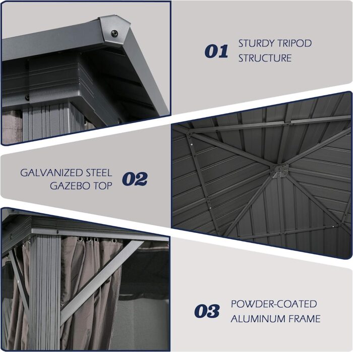 Peak Home Furnishings 10Ft x 10Ft Patio Hardtop Gazebo Outdoor Aluminum Pergola with Galvanized Steel Roof Canopy, Polyester Curtain and Mosquito Net - Image 4