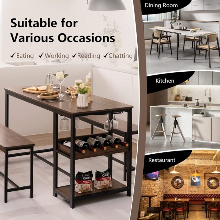 COSTWAY Dining Table Set with 2 Benches, Kitchen Table and Benches with Glass Holder, Wine Rack & Storage Shelf, 3 PCS Space-Saving Breakfast Dinette Table Furniture Set for 4 People - Image 6
