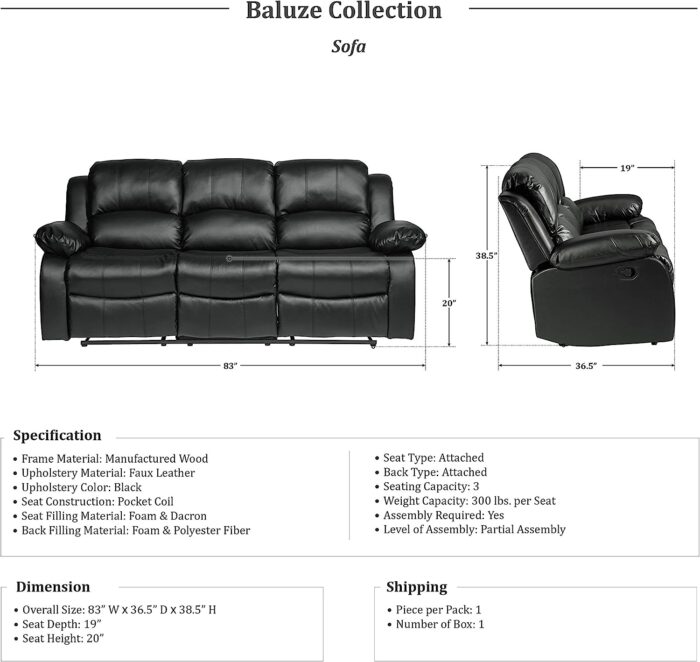 Lexicon Baluze Double Reclining Loveseat, Black & Baluze Double Reclining Sofa, Black - Image 6