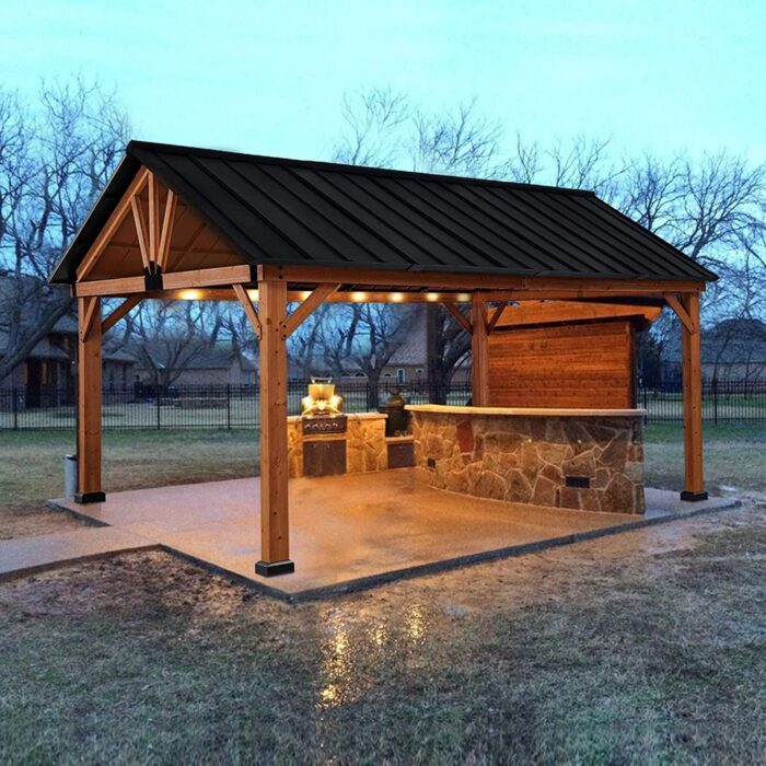 Outsunny 11×13 Hardtop Gazebo with Wooden Frame, Permanent Metal Roof Gazebo Canopy with Ceiling Hook for Garden, Patio, Backyard - Image 2