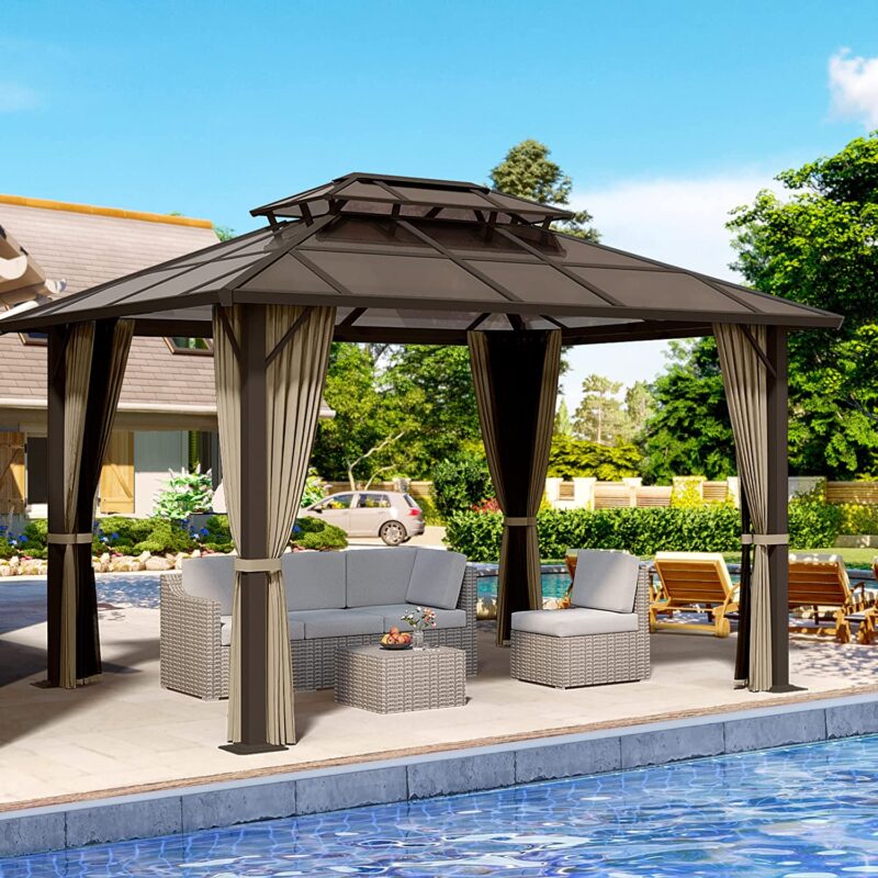 HAPPATIO 10'x 12' Hardtop Gazebo, Outdoor Polycarbonate Double Roof Aluminum Furniture Gazebo Canopy with Netting and Curtains for Backyard, Deck, Patio (Brown)