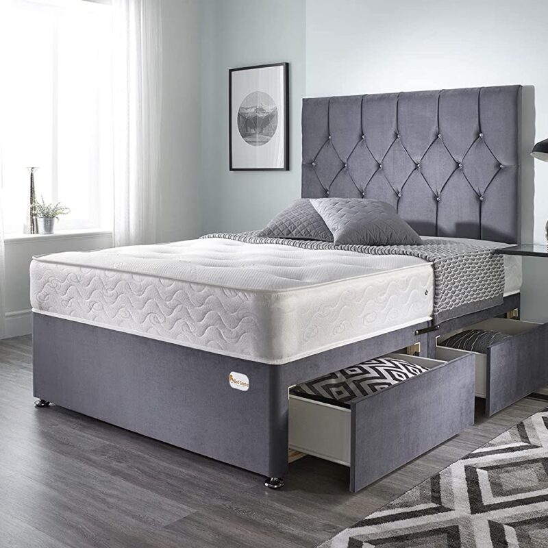 Bed Centre Ziggy Grey Plush Memory Foam Divan Bed Set With Mattress, 2 Drawers (Same Side) and Headboard (Double (135cm X 190cm))