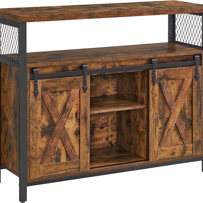 VASAGLE Buffet Sideboard Storage Cabinet with Adjustable Shelf and Sliding Barn Door, Open Compartment, 13 x 39.4 x 31.5 Inches, Rustic Brown and Black