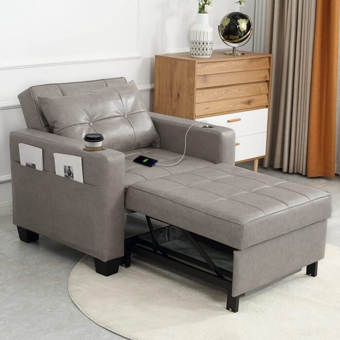 DURASPACE Sleeper Chair 3-in-1 Convertible Chair Bed Pull Out Sleeper Chair Beds Adjustable Single Armchair Sofa Bed with USB Ports, Side Pocket, Cup Holder for Small Space (Gray)