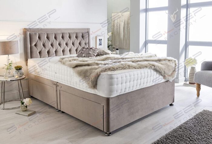 Sleep Factory's Luxury Divan Bed Set in Pebble Plush with Chesterfield Bumper Headboard and Memory Sprung Mattress 4.6FT (Double) 4 Drawers