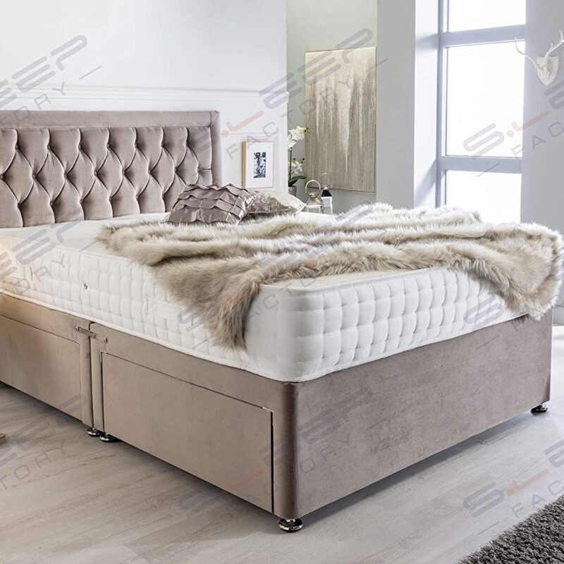 Sleep Factory's Luxury Divan Bed Set in Pebble Plush with Chesterfield Bumper Headboard and Memory Sprung Mattress 4.6FT (Double) 4 Drawers