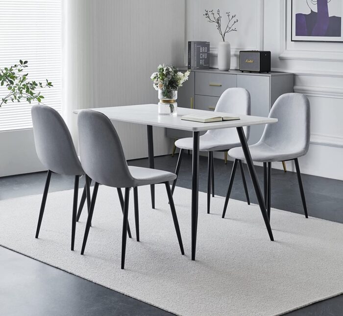 Hallowood Furniture Cullompton Small Dining Table & 4 Fabric Chairs Set with Black Metal Legs – 120 x 70 cm White Marble Effect Kitchen Table – Ideal for Home, Restaurants, Pub, Office & Café