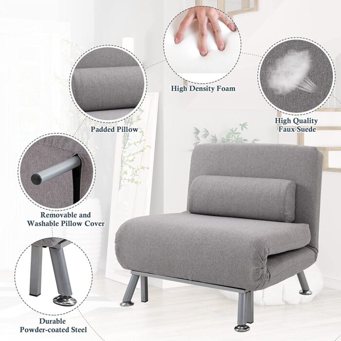HOMCOM Single Sofa Bed Sleeper Foldable Portable Pillow Lounge Couch Living Room Furniture – Grey - Image 5