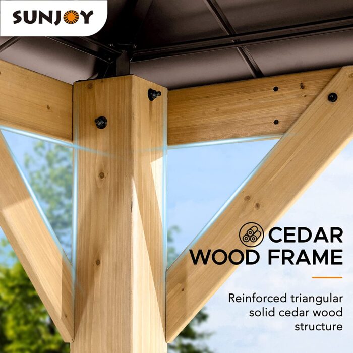 Sunjoy Pasadena Outdoor Patio 9 ft. x 9 ft. Cedar Framed Wood Gazebo with Brown Steel & Polycarbonate Hip Roof Hardtop - Image 5