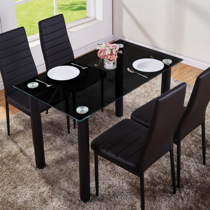 GOLDFAN Black Glass Dining Table Modern Rectangle Kitchen Dining Table with Metal Legs for Dining Room Lounge Office (Only Table)