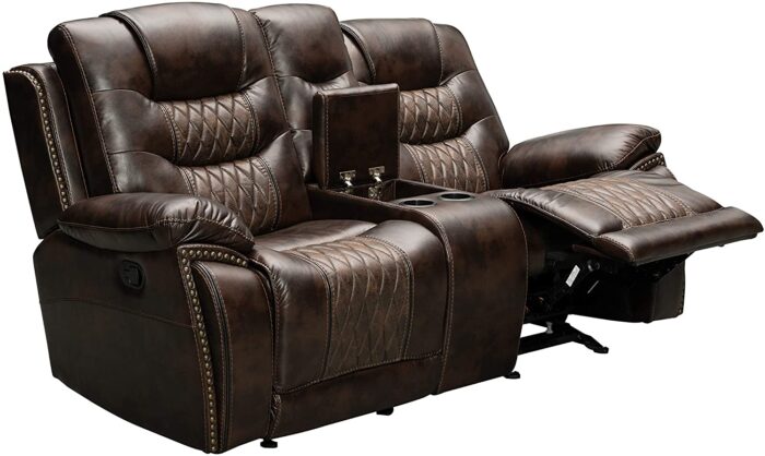 Roundhill Furniture Kovel Faux Leather Reclining Loveseat with USB Port and Storage Console, Brown - Image 3