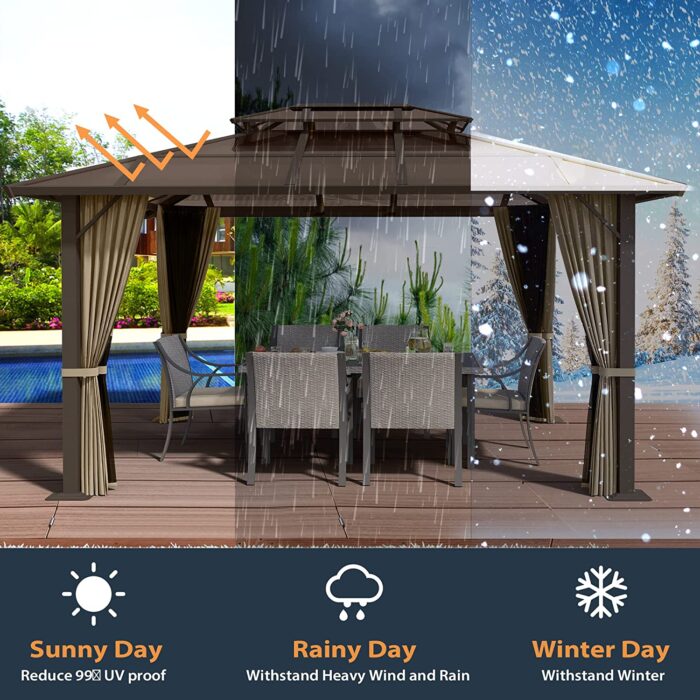 HAPPATIO 10'x 12' Hardtop Gazebo, Outdoor Polycarbonate Double Roof Aluminum Furniture Gazebo Canopy with Netting and Curtains for Backyard, Deck, Patio (Brown) - Image 4