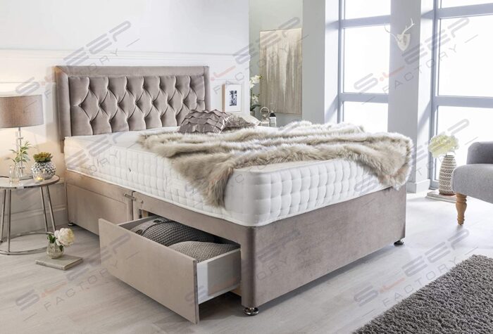 Sleep Factory's Luxury Divan Bed Set in Pebble Plush with Chesterfield Bumper Headboard and Memory Sprung Mattress 4.6FT (Double) 4 Drawers - Image 2