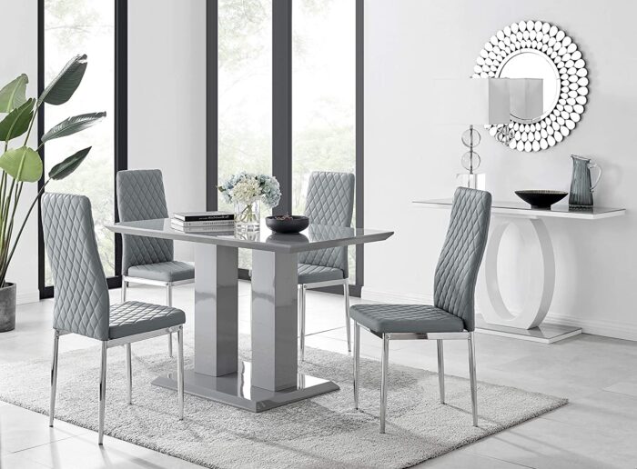 Furniturebox UK Dining Table & Chairs- Imperia Dining Table Set with 4 Grey Milan Chairs – Stunning High Gloss Grey Dining Table (Dining Table + 4 Grey Milan Chairs)