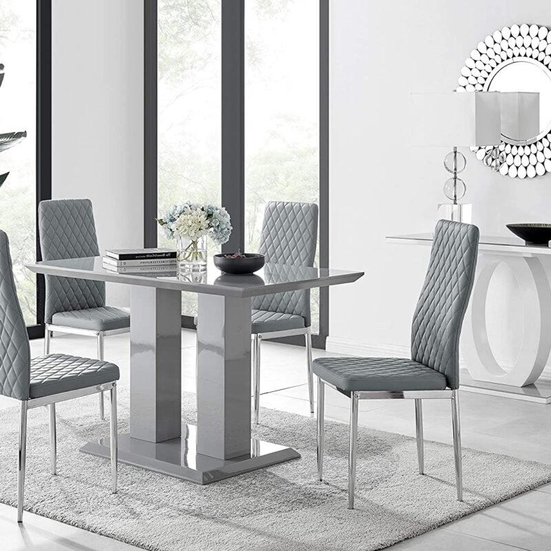 Furniturebox UK Dining Table & Chairs- Imperia Dining Table Set with 4 Grey Milan Chairs – Stunning High Gloss Grey Dining Table (Dining Table + 4 Grey Milan Chairs)