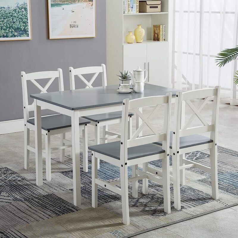 mcc direct Classic Solid Wooden Dining Table and 4 Chairs Set Kitchen Home [Grey/White/natural] (Grey)