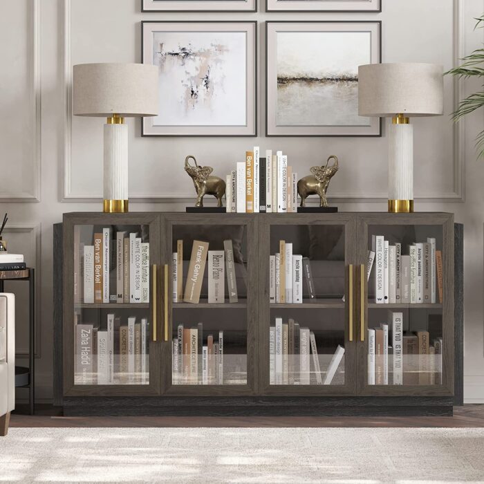 BELLEZE Sideboard Buffet Cabinet, Modern Wood Glass-Buffet-Sideboard with Storage, Console Table for Kitchen, Dinning Room, Living Room, Hallway, or Entrance – Brixston (Brown) - Image 5