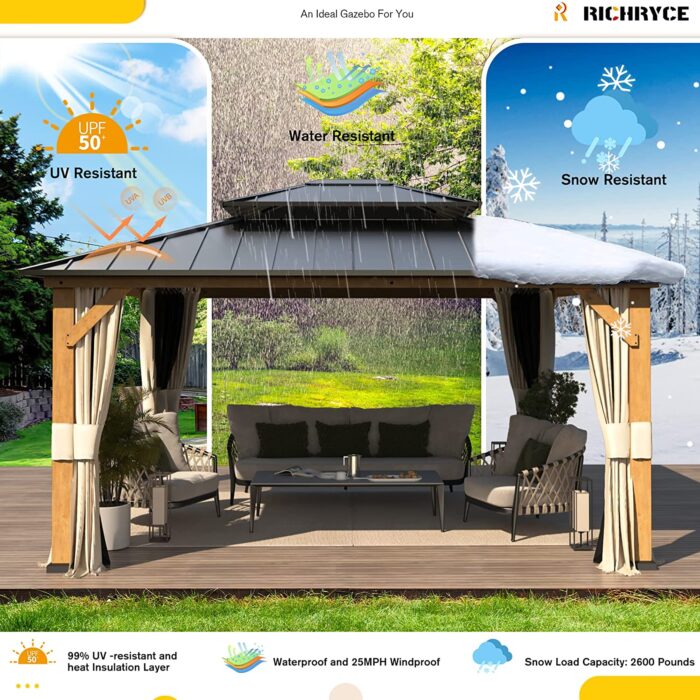RICHRYCE 13' x 15' Solid Wood Gazebo, Hardtop Gazebo Plastic Sprayed Metal Roof Outdoor Gazebo Canopy Double Vented Roof Pergolas Wood Frame with Netting and Curtains for Garden, Patio, Lawns - Image 5