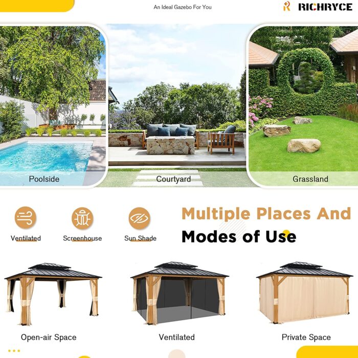 RICHRYCE 13' x 15' Solid Wood Gazebo, Hardtop Gazebo Plastic Sprayed Metal Roof Outdoor Gazebo Canopy Double Vented Roof Pergolas Wood Frame with Netting and Curtains for Garden, Patio, Lawns - Image 8