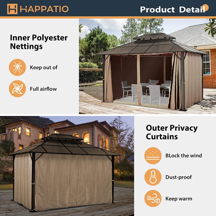 HAPPATIO 10'x 12' Hardtop Gazebo, Outdoor Polycarbonate Double Roof Aluminum Furniture Gazebo Canopy with Netting and Curtains for Backyard, Deck, Patio (Brown) - Image 6