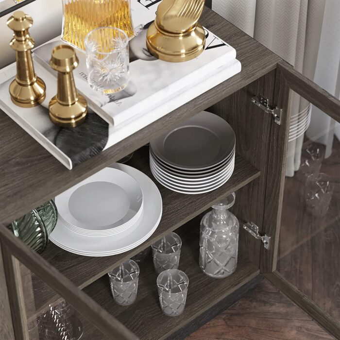 BELLEZE Sideboard Buffet Cabinet, Modern Wood Glass-Buffet-Sideboard with Storage, Console Table for Kitchen, Dinning Room, Living Room, Hallway, or Entrance – Brixston (Brown) - Image 3