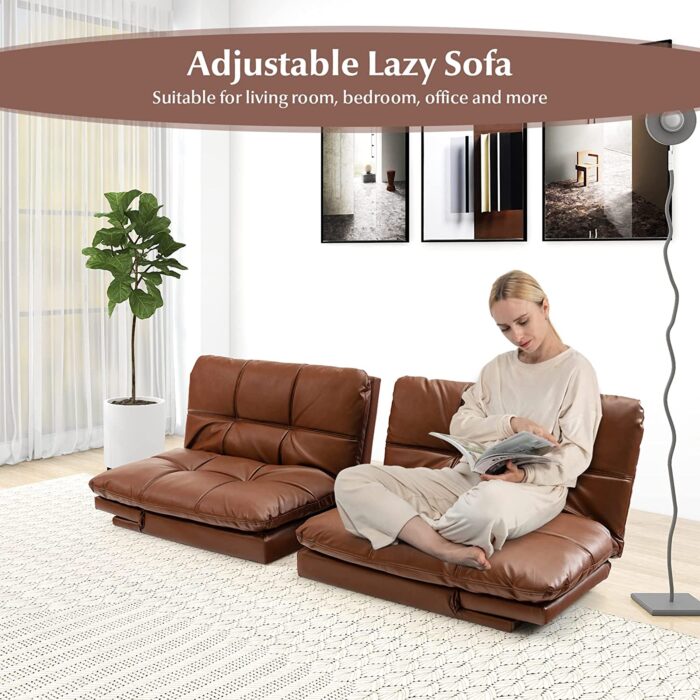 COSTWAY 2 Seater Convertible Sofa Bed, Click Clack Sleeper Couch with Reclining Backrest, Adjustable Armrests & 6 Metal Legs, Padded Loveseat Sofa for Living Room and Bedroom (PU Leather, Brown) - Image 7