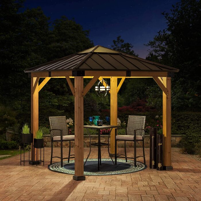 Sunjoy Pasadena Outdoor Patio 9 ft. x 9 ft. Cedar Framed Wood Gazebo with Brown Steel & Polycarbonate Hip Roof Hardtop - Image 2