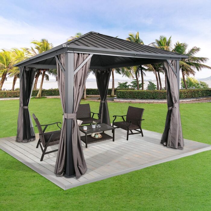 Peak Home Furnishings 10Ft x 10Ft Patio Hardtop Gazebo Outdoor Aluminum Pergola with Galvanized Steel Roof Canopy, Polyester Curtain and Mosquito Net