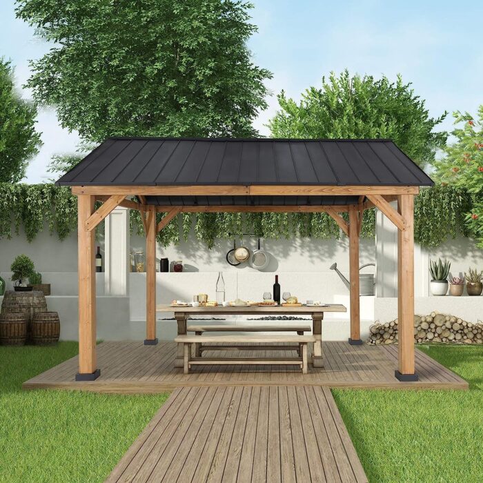 EAGLE PEAK 13×11 Solid Wood Patio Gazebo, Cedar Framed Outdoor Pavilion Cabana with Black Steel Gable Hardtop Roof, 12×10 Frame, Black